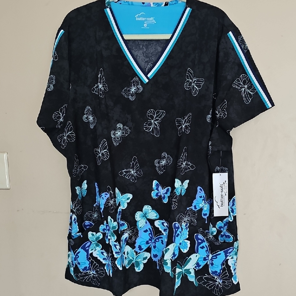 Butter Women's Black and Blue Butterfly Uniform Scrub top